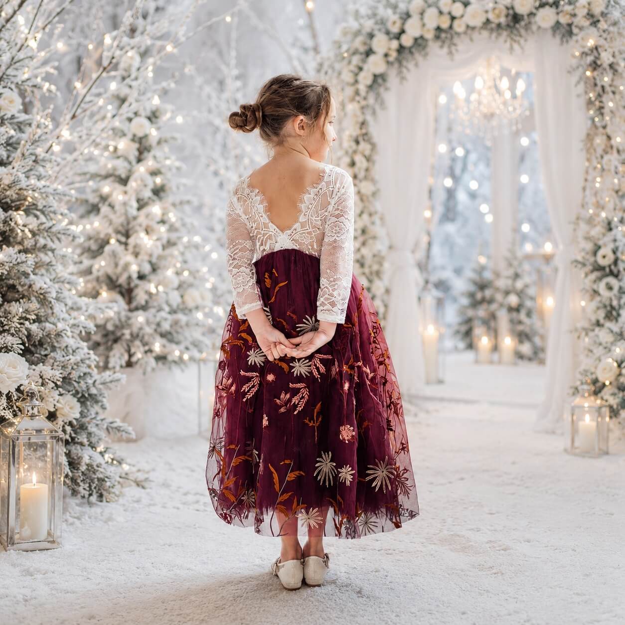 burgundy festive dress Winter Wine Embroidered Flower Girl Size:Pre-Order 7-8 years Shine bright at any Bride Three Birds Bridesmaid january-sale