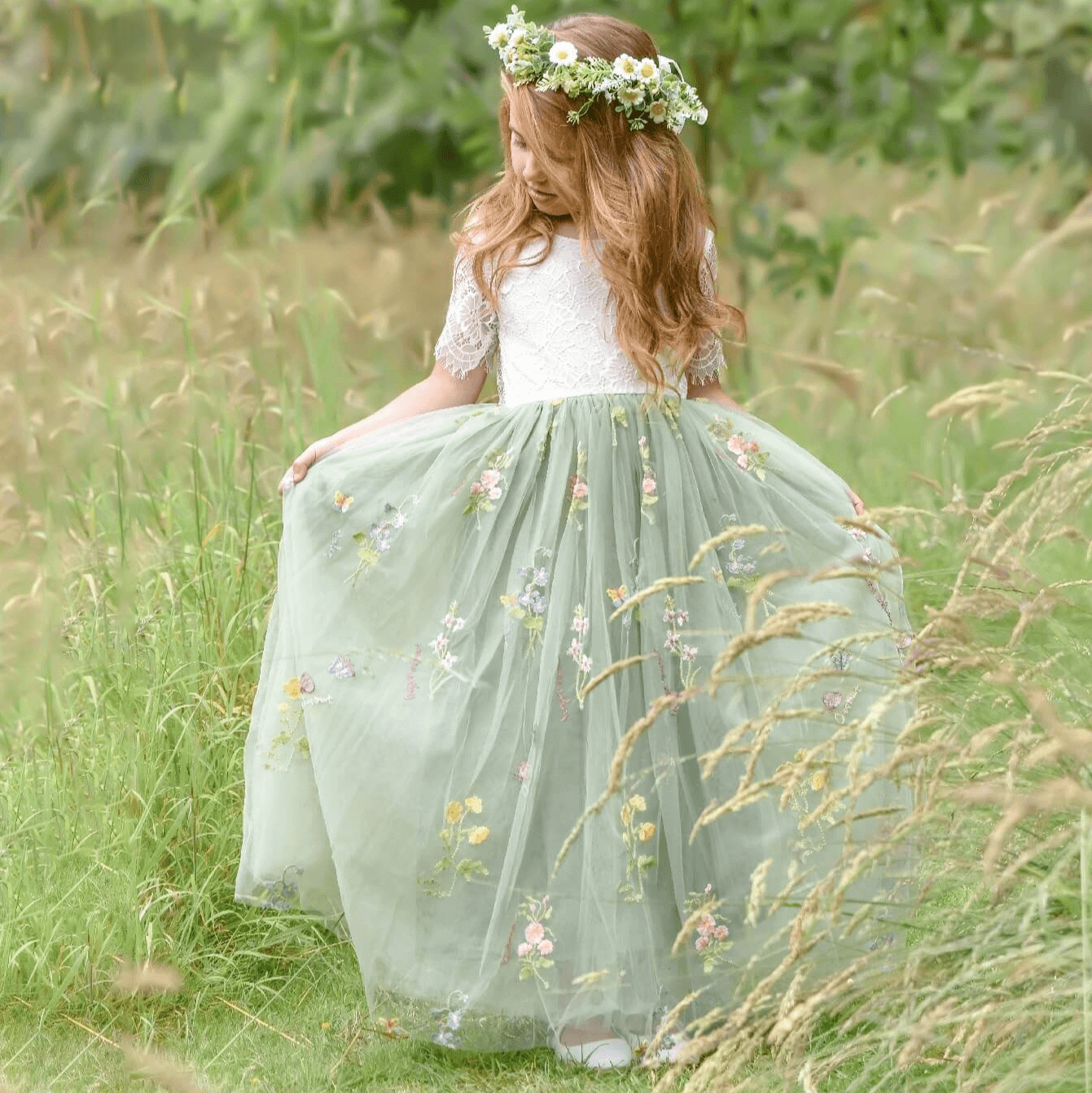 Enchanted Fern Green Flower Girl Dress