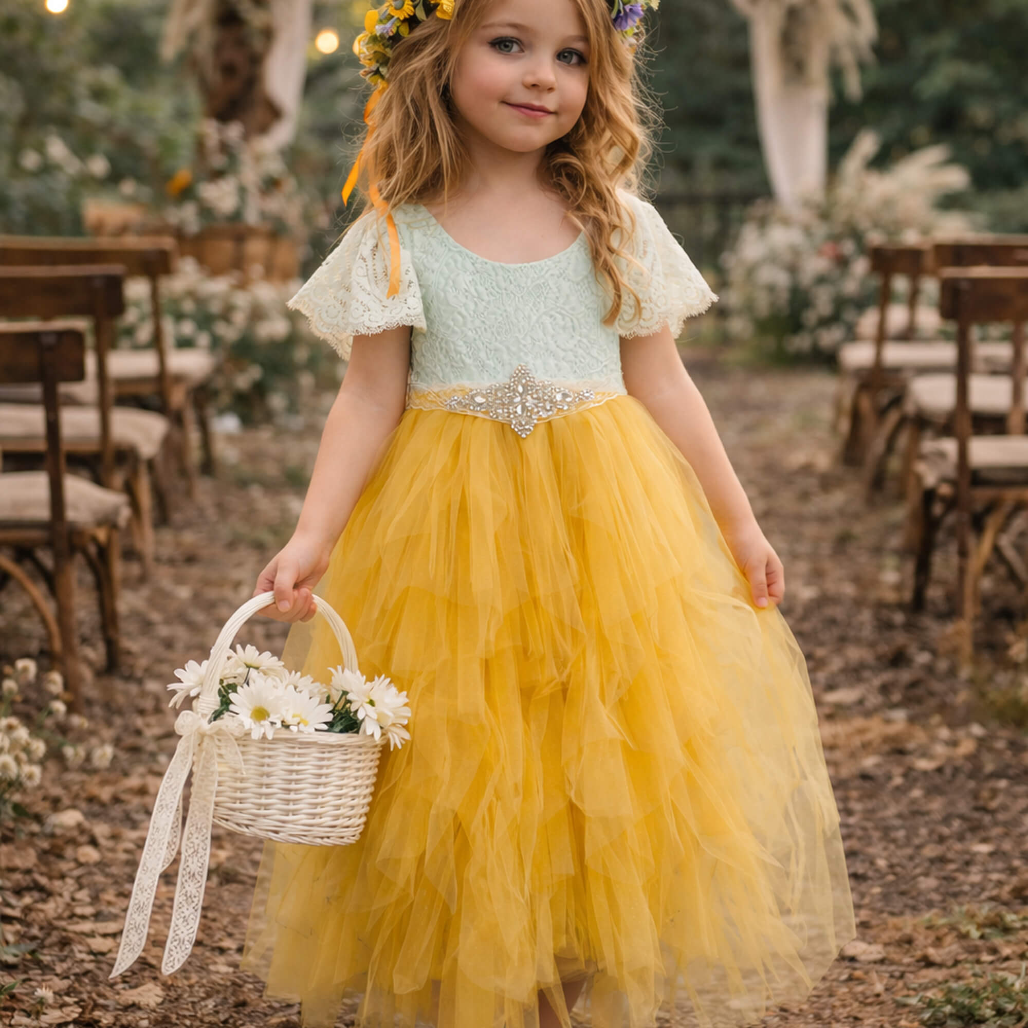 strapless open back dress Bohemian Princess Flower Dress | Golden Yellow
