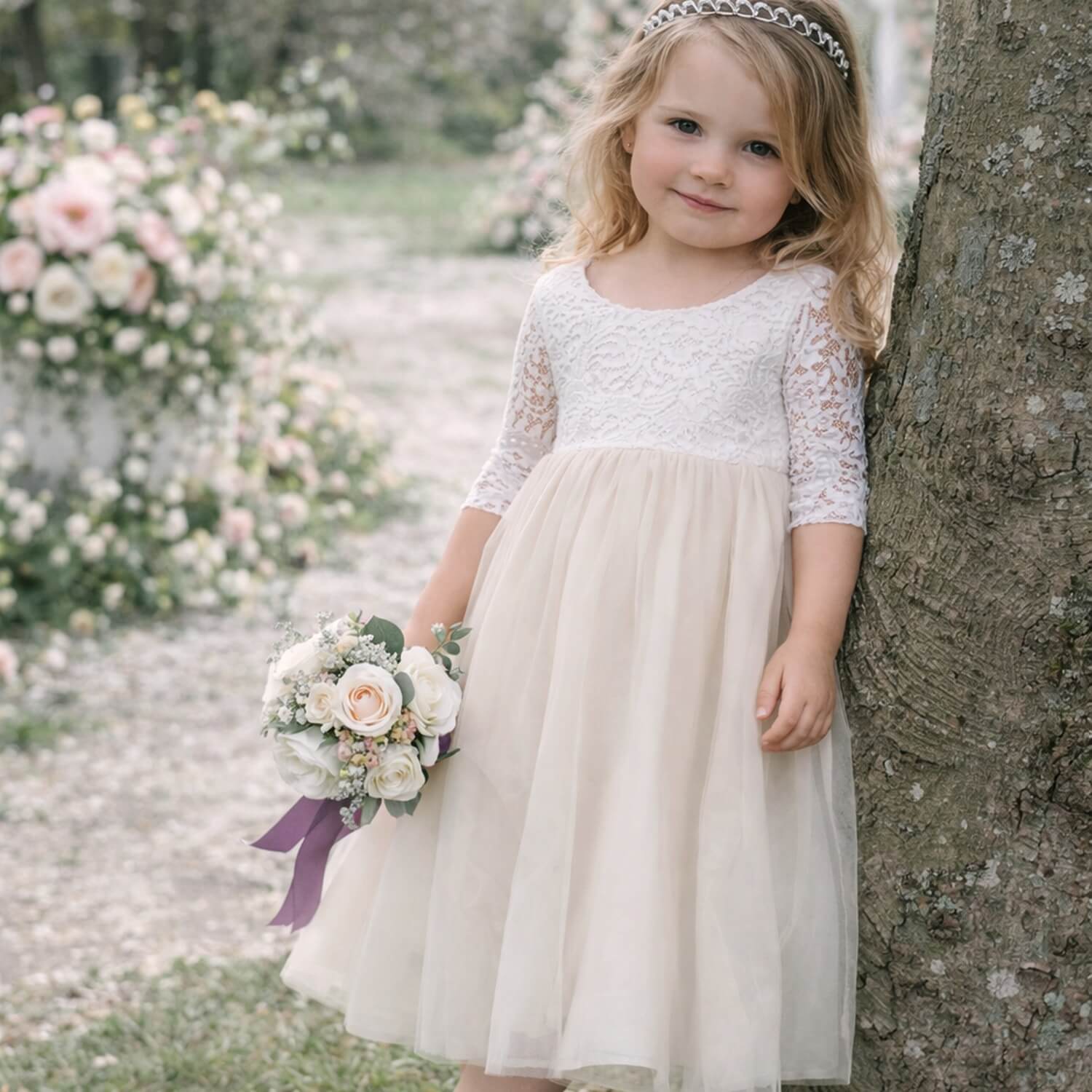 cotton smocked dress Foque Girls Cream Floral Jersey Dress With Grosgrain Bow Girls Kids 6 year Ivory Lace By Childrensalon main image 0
