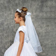 Girl's wearing white dress and Pearl Flower Crown with Veil
