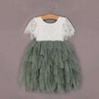 A toddler girl's party dress hanging on a wooden hanger against a dusty mauve background. The dress features a white lace bodice with short sleeves and a layered, ruffled sage green tulle skirt.