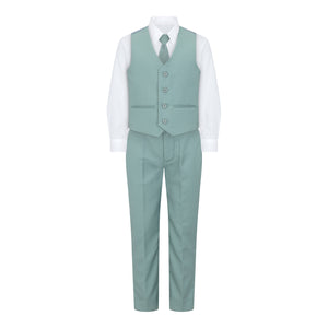 boys sage green suit showing waistcoat