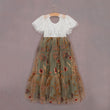 Children's dress with floral pattern on a hanger against a plain background