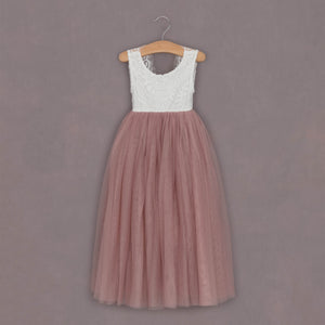 dusty rose lace and tulle dress on hanger 