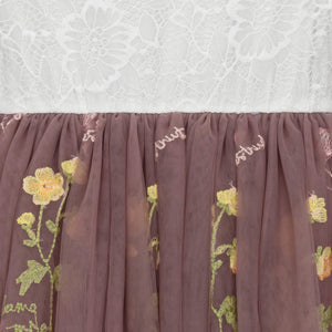 Embroidered floral pattern on a brown fabric against a textured white background