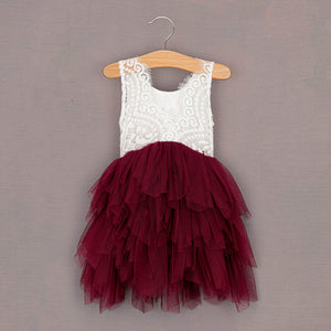 Rear of short ruffles dress with wine red tulle