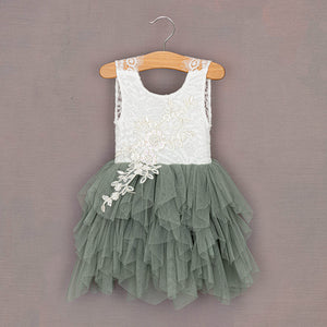 Sage Green dress on hanger, featuring ruffles and sequins
