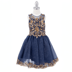 Girls beautiful navy and gold sequin dress