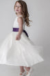 Young girl wearing an ivory dress with a purple belt on a plain background