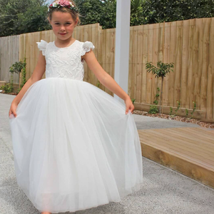 BNY Corner Girls' White V-Neck Flower Girl Dress With Embroidery - Special Occasion Dress, Size 8