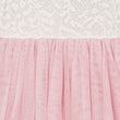 Close-up of pink tulle fabric with white lace dress