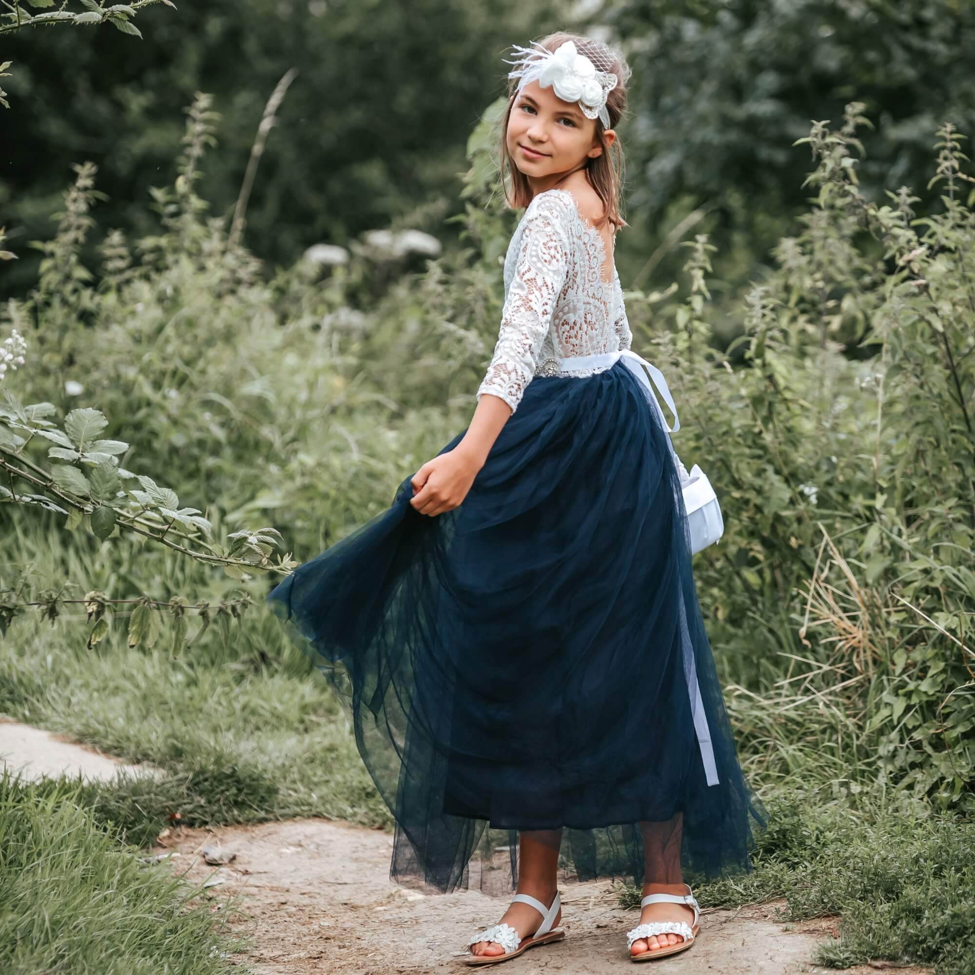 navy blue bohemian dress Bohemian Long Sleeve Navy Flower Girl Dress