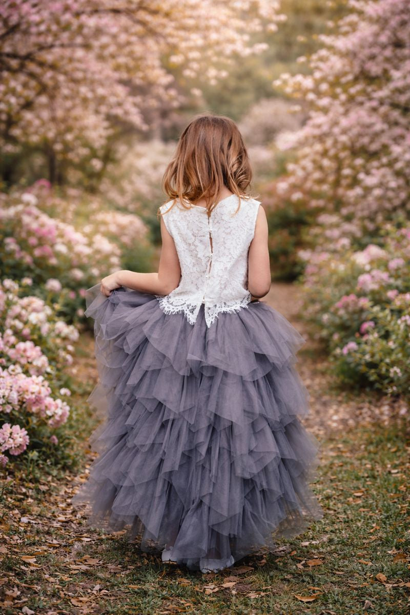 grey flower girl dresses Gray Lace Rosette Keyhole Back Flower Girl Dress 4T