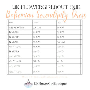 Size chart for a Bohemian Serendipity Dress by UK Flower Girl Boutique