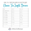 Measurement chart for classic tea length dresses by UK Flower Girl Boutique