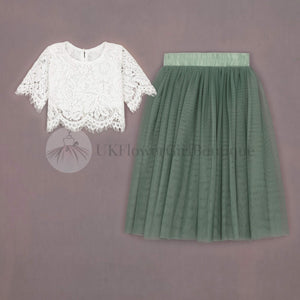sage green tulle skirt and lace top