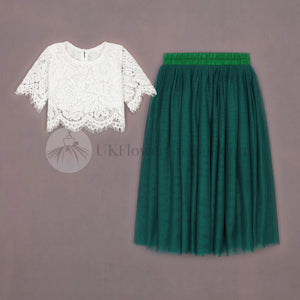 hunter green skirt and lace top