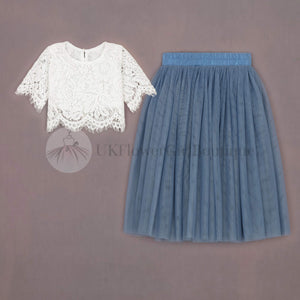 Dusty blue skirt and lace top