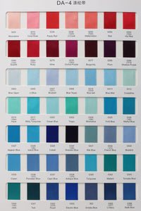 Color swatch chart with various shades of red, blue, and other colors.