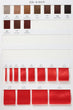 Color swatch chart with red ribbons and text on a white background