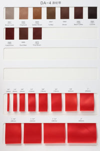 Color swatch chart with red ribbons and text on a white background