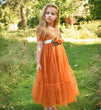 Young girl in an orange dress with a floral detail standing in a grassy outdoor setting.