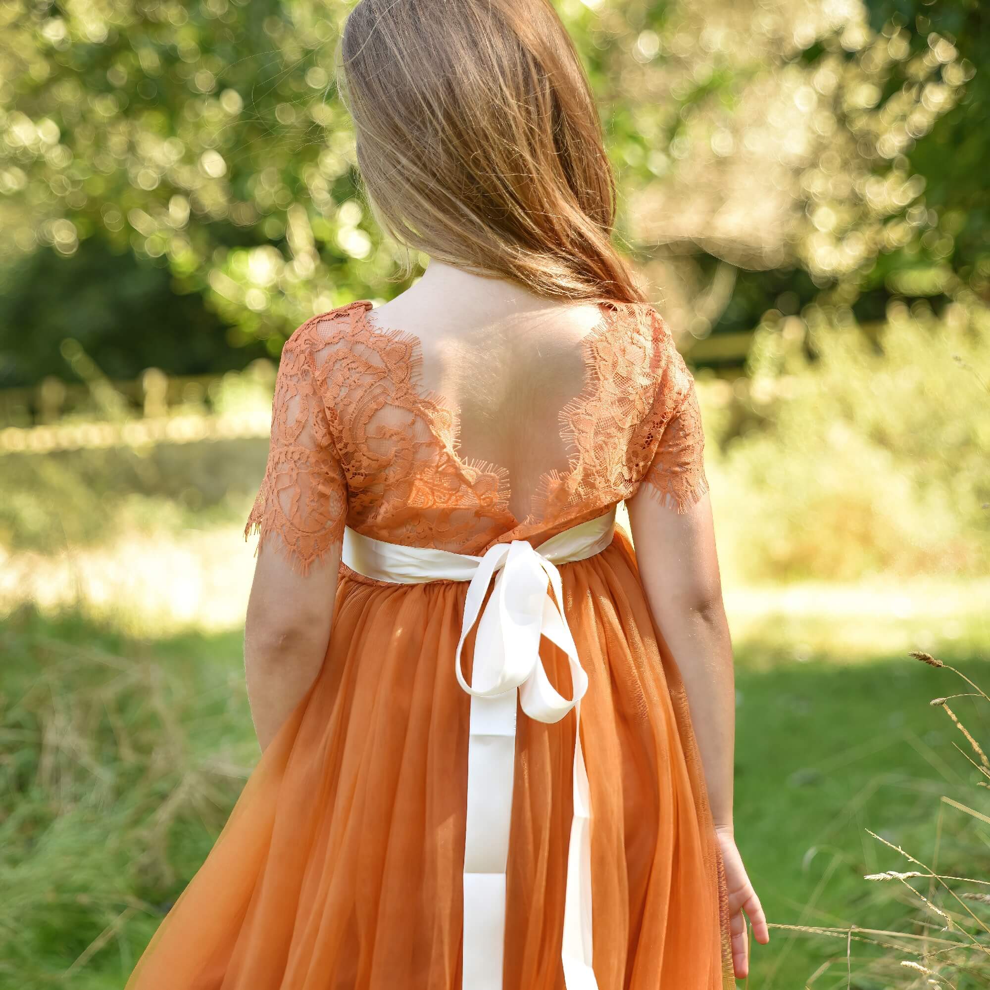 strapless open back dress Floral Lace Long Blouseon Sleeves Design Dress In Peach orange – CYLONDON
