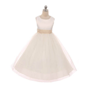 Girls Ivory Flower Girl Dress with champagne coloured sash