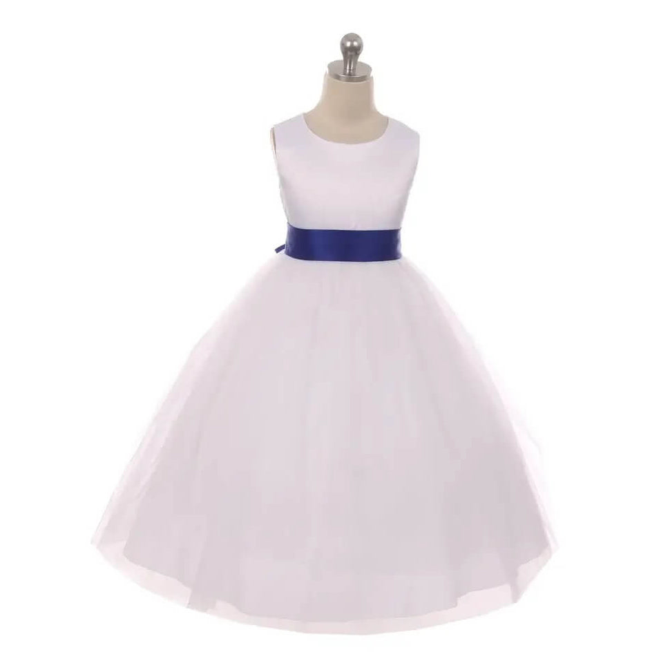 Flower girl dresses with blue ribbon best sale