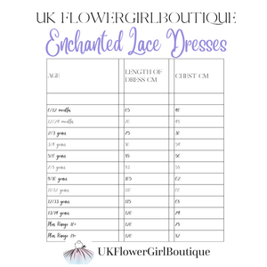 Measurement chart for Enchanted Lace Dresses by UK Flower Girl Boutique