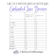 Measurement chart for Enchanted Lace Dresses by UK Flower Girl Boutique on a white background