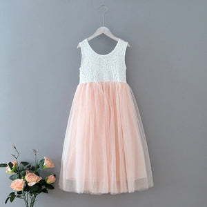 White lace top and blush tulle skirt dress on a hanger against a grey background with flowers.