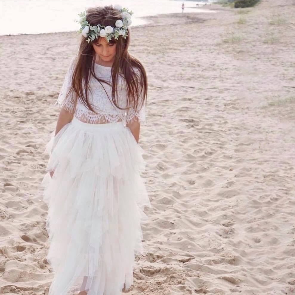 Flower girl on the beach wearing Ophelia Couture Set 