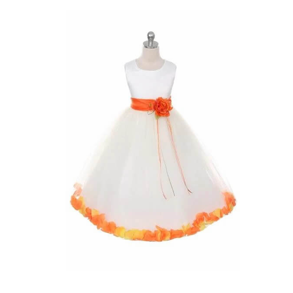 white dress with orange petal detail