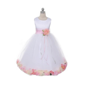 White flower girl dress with blended pink petals and sash