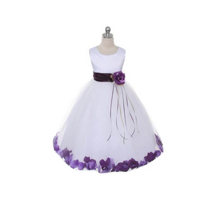 Flower girl dress with purple petals and sash