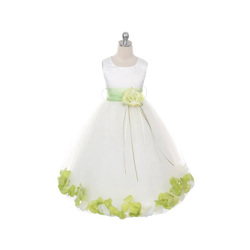 Kenza flower girl dress with lime petals and sash