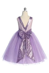 lilac dress with large sequin bow
