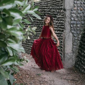 girl wearing a Burgundy Lace 2 piece set