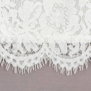 Close-up of white lace fabric on a grey background