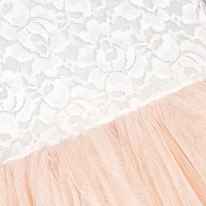Close-up of apricot champagne fabric with a textured pattern on a white lace background
