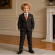 Young boy in a formal suit standing in a room with a fireplace.