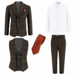Men's plaid suit with jacket, pants, vest, shirt, and tie on a white background