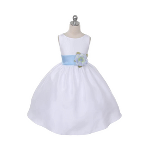 White Morgan dress with blue Sash and Flower  Edit alt text