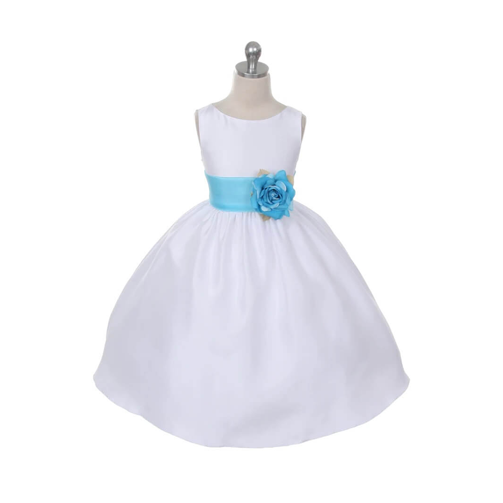 White dress with aqua sash 