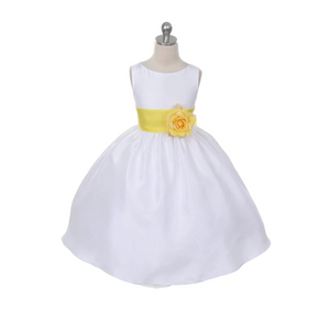 White Morgan dress with yellow Sash and Flower