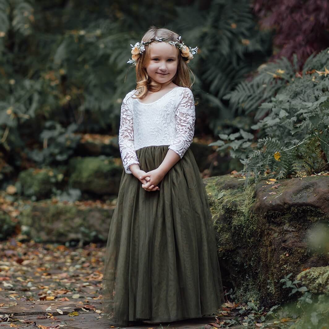 young girl smiling in a Olive Green Bohemian Classic Long Sleeve Dress 