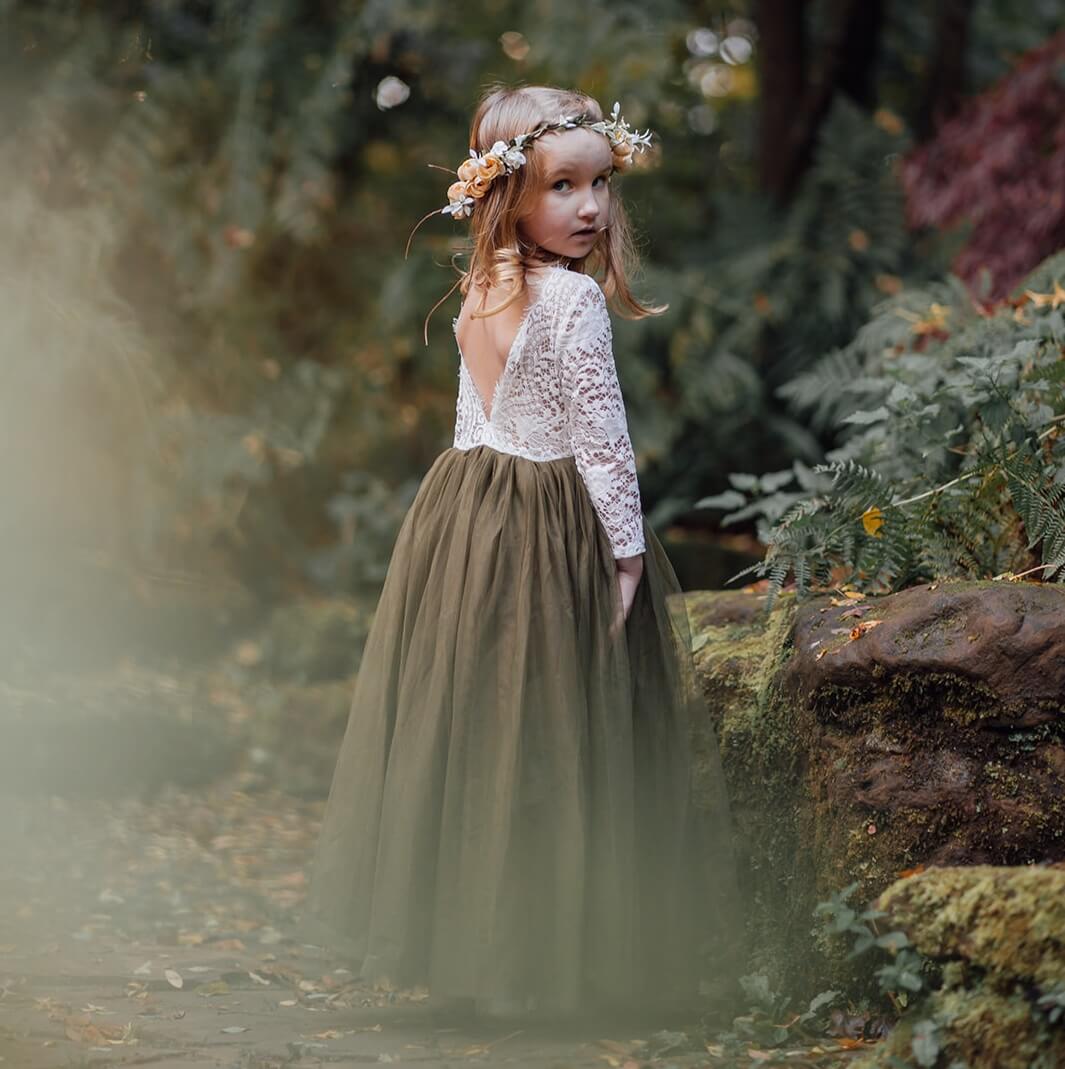 Boho Long Sleeve Olive Green Dress | UK Flower Girl Boutique Boho Long Sleeve Olive Green Dress | UK Flower Girl Boutique