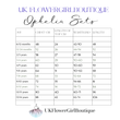 Measurement chart for 'Ophelia Sets' by UK Flower Girl Boutique with age, chest, length, waistband, and length measurements.